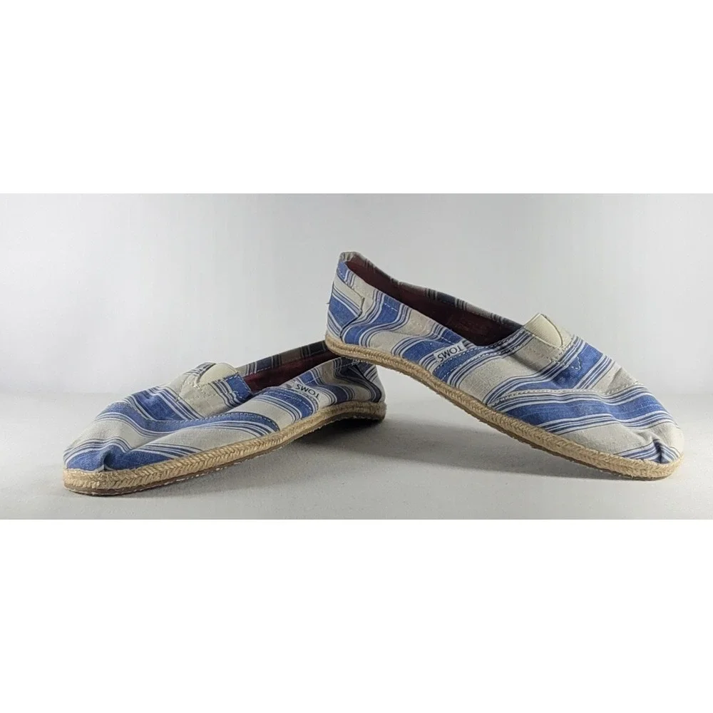 Toms Women's Size 6 W Blue And White Striped Canvas Slip On Casual Loafers Flats